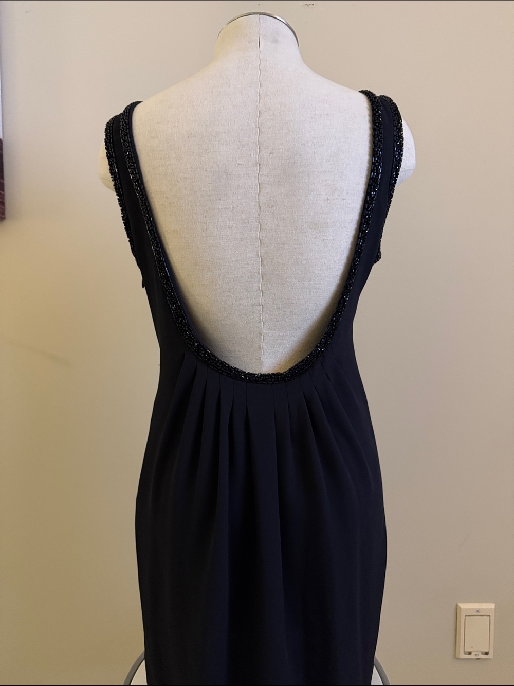 Laundry Black Sheath Dress, Beaded Trim featuring a dramatic low scoop back